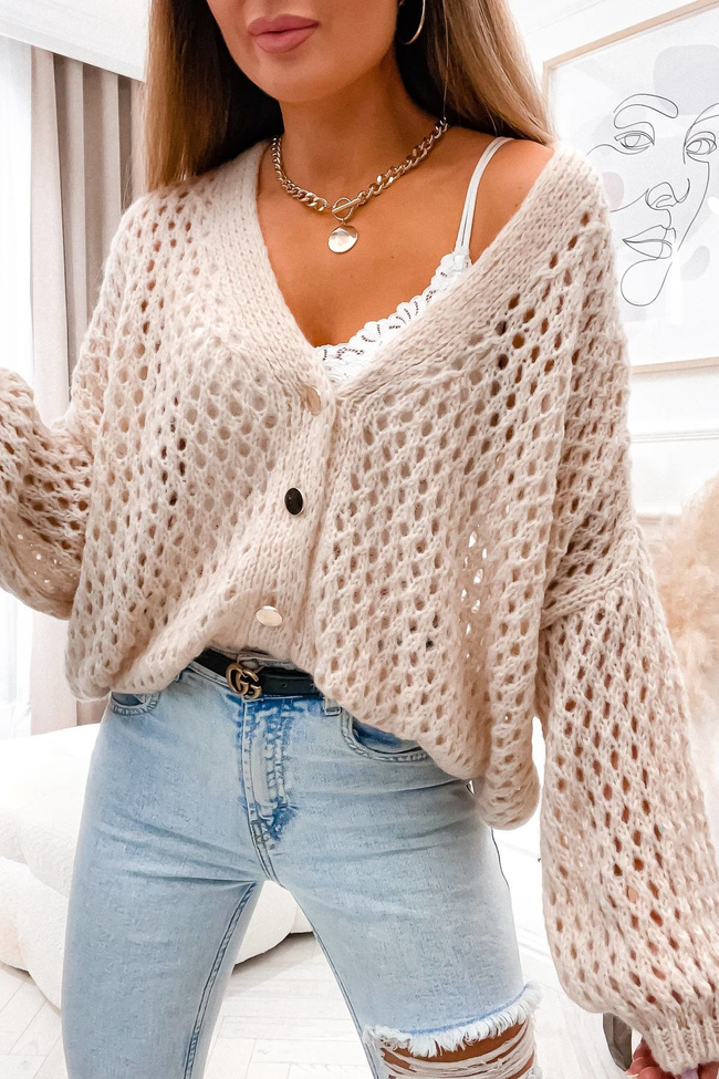 AŻUROWY SWETER ZAPINANY NA GUZIKI- BEŻOWY