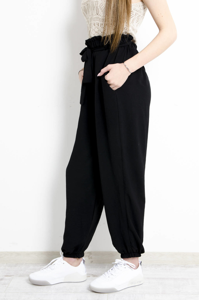 SPODNIE MATRIAŁOWE WIĄZANE W PASIE CZARNE