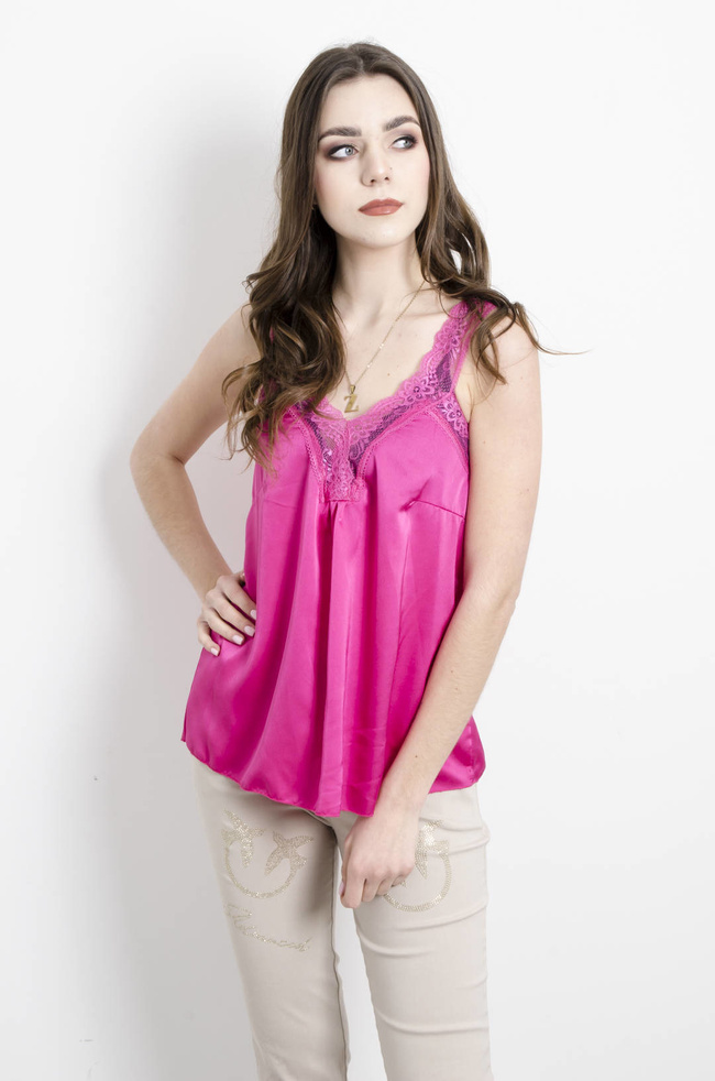 SATYNOWY TOP NA RAMIACZKACH WYKOŃCZONY KORONKĄ - RÓŻOWY
