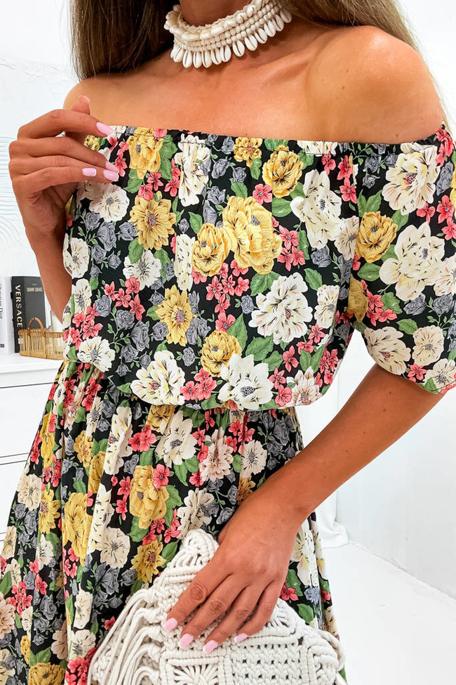 SUKIENKA W KWIATY Z GUMKĄ W PASIE- CZARNA