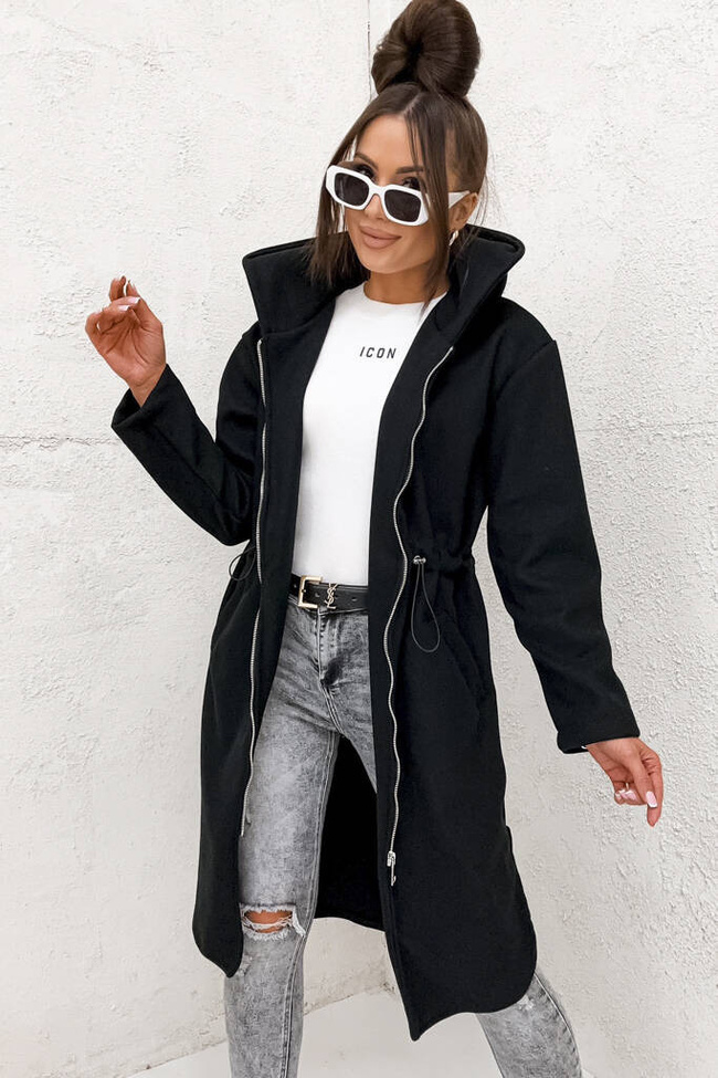 PŁASZCZ POLAROWY Z KAPTUREM I ŚCIAGACZEM W PASIE- CZARNY