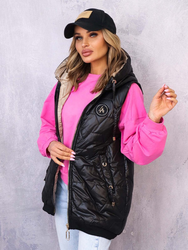 ASYMETRYCZNA KAMIZELKA Z OZDOBNĄ NASZYWKĄ- CZARNA