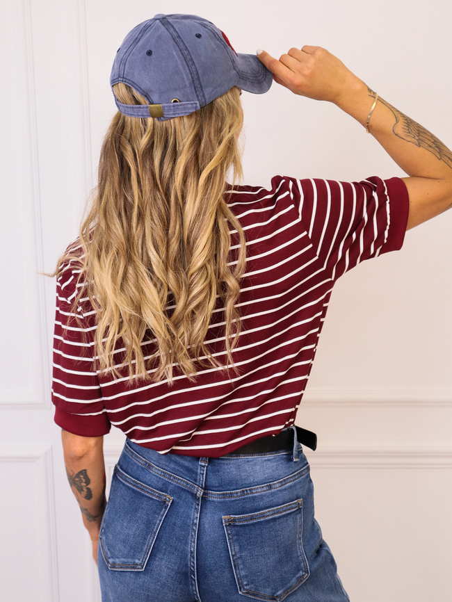 T-SHIRT OVERSIZE W PASKI- BORDOWY