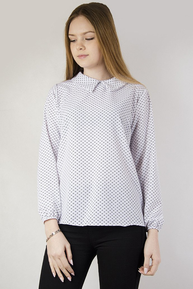 Biała bluzka koszulowa z kołnierzykiem, cała w czarne wzorki