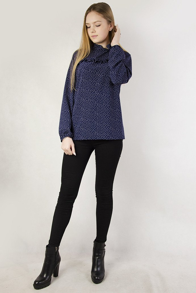 Granatowa bluzka koszulowa w  białe kropki z wiązaniem przy dekolcie