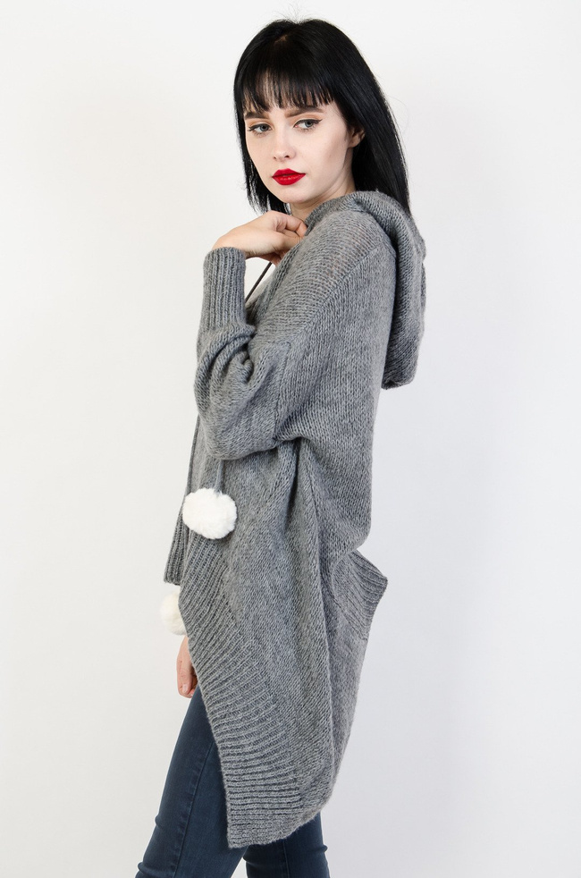 Ciemno szary sweter z dłuższymi bokami oraz kapturem