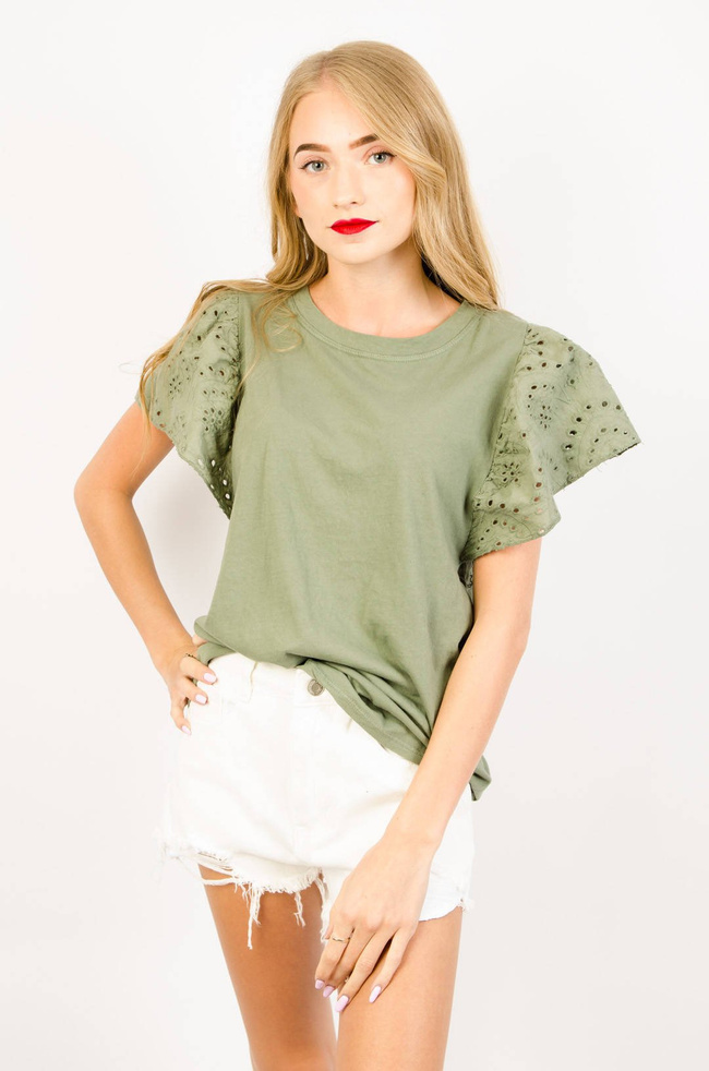 ZIELONA BAWEŁNIANA BLUZKA Z AŻUROWYMI RĘKAWAMI