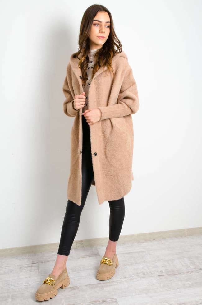 PŁASZCZ DŁUGI WEŁNIANY ALPAKA Z KAPTUREM- BRĄZOWY 