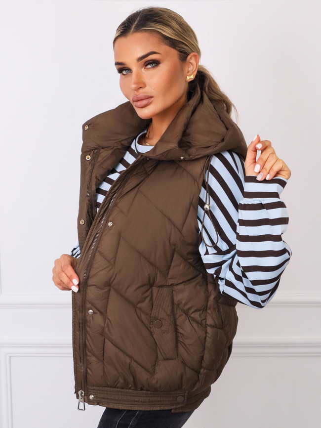 PIKOWANA KAMIZELKA Z KAPTUREM I ZATRZASKAMI PO BOKACH- BRĄZOWA