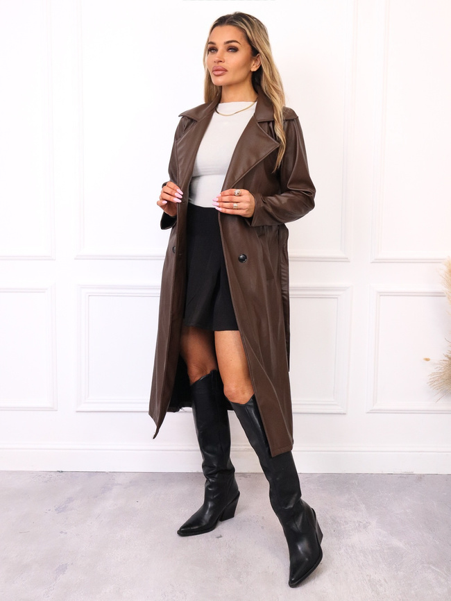 DŁUGI TRENCZ Z IMITACJI SKÓRY Z WIĄZANIEM- BRĄZOWY