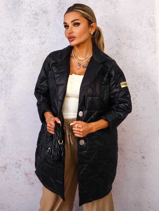 PIKOWANY PŁASZCZ ZAPINANY NA ZŁOTE GUZIKI- CZARNY