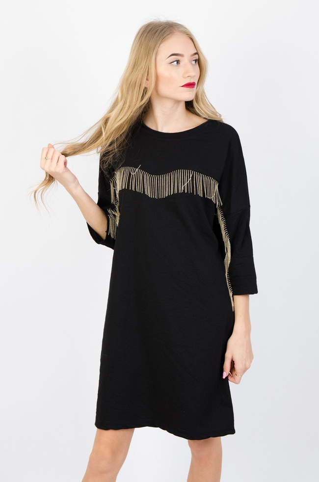 CZARNA DZIANINOWA SUKIENKA Z FRĘDZLAMI