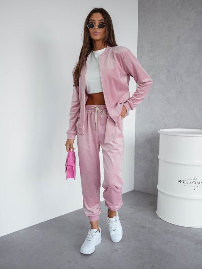 KOMPLET DRESOWY WELUROWY BLUZA ZAPINANA NA ZAMEK+ SPODNIE- PUDROWY