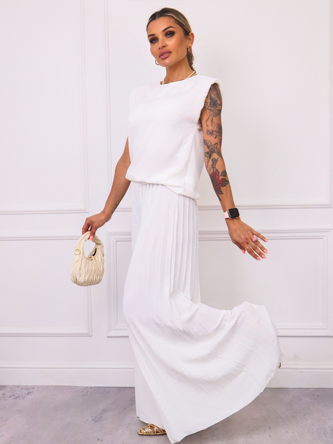 KOMPLET BLUZKA+ SZEROKIE PLISOWANE SPODNIE- BIAŁY