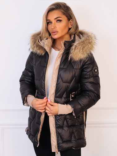 KURTKA Z FUTERKIEM PIKOWANA Z ZAMKAMI PO BOKACH- CZARNA