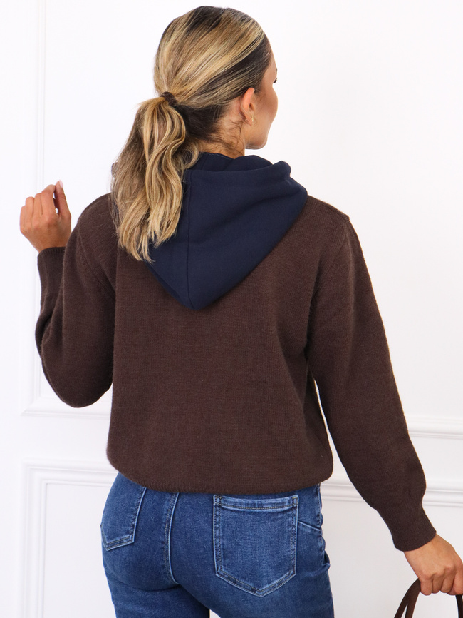 SWETER Z MISIEM Z PRZODU I KAPTUREM- CZEKOLADOWY