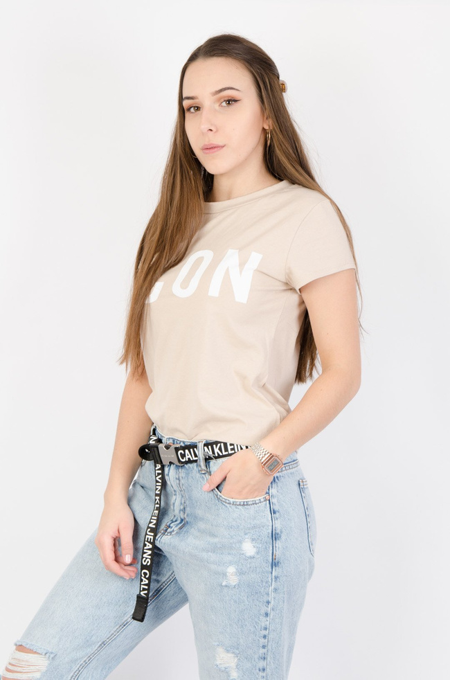 Beżowy t-shirt z napisem Icon