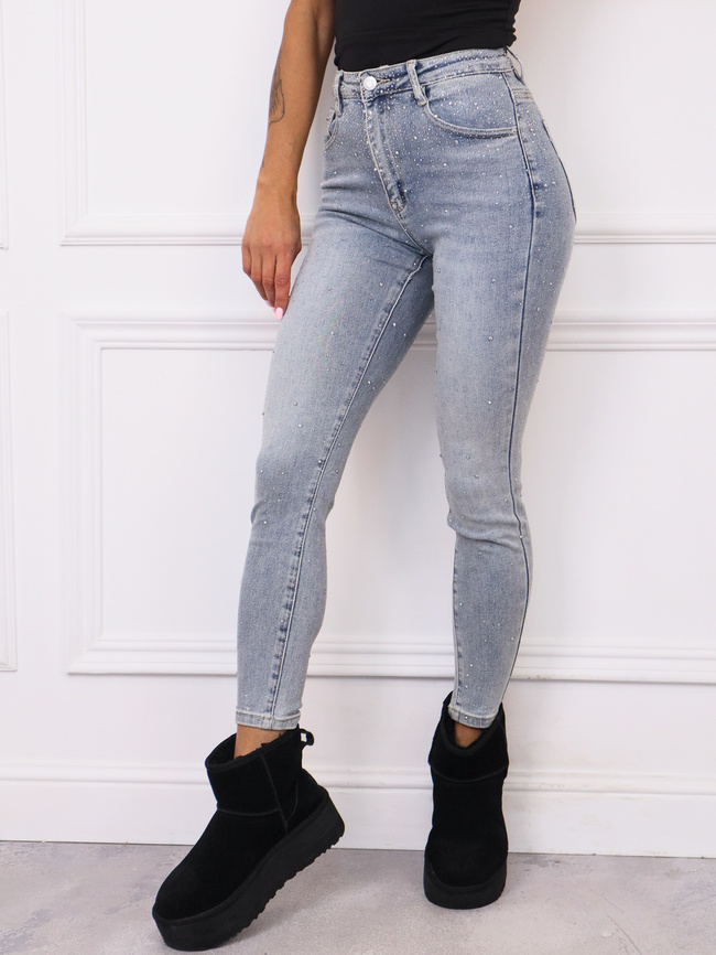 SPODNIE JEANSOWE SKINNY W CYRKONIE- JASNOJEANSOWE