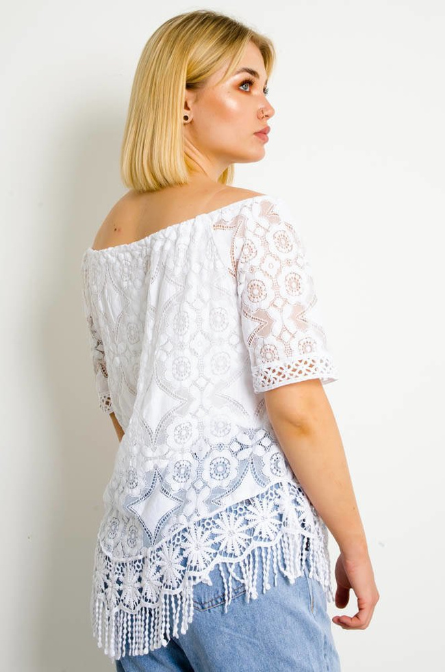 BIAŁA  AŻUROWA BLUZKA Z FRĘDZLAMI NA DOLE