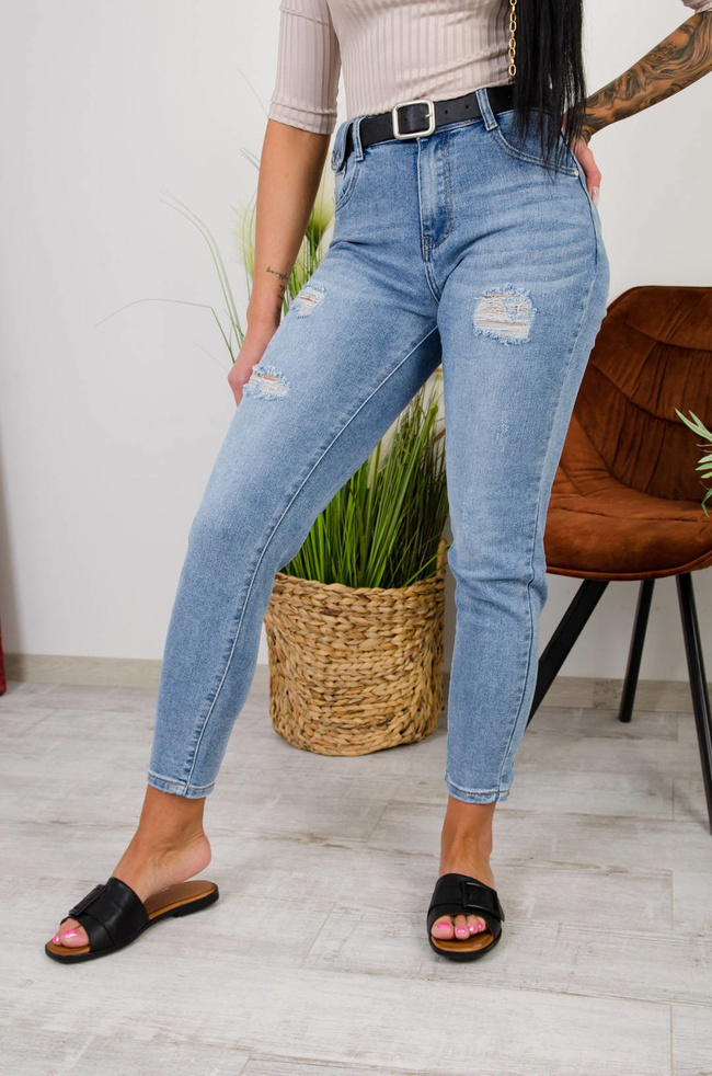JASNE SPODNIE JEANSOWE MOM FIT Z WYSOKIM STANEM + PASEK