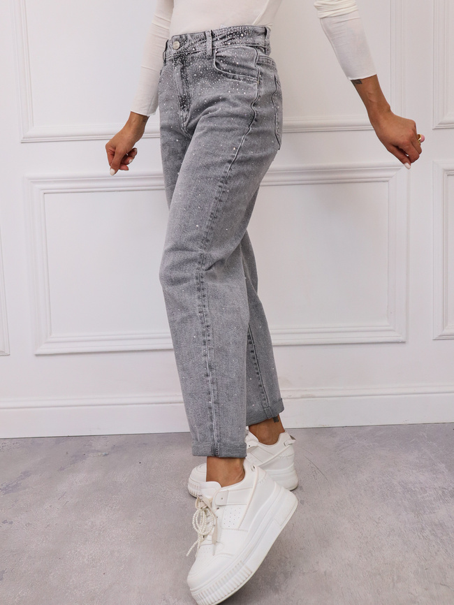 SPODNIE JEANSOWE MOM FIT ZDOBIONE CYRKONIAMI- SZARE