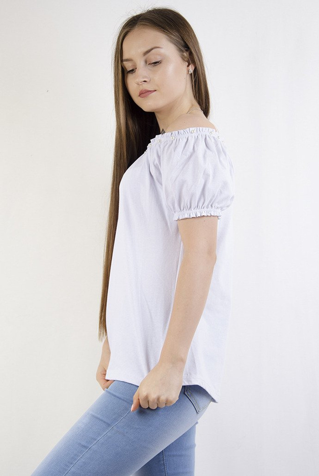 Biała bluzka hiszpanka z perełkami