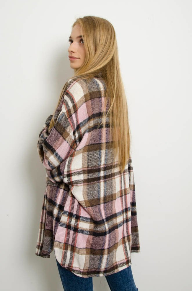 KURTKA KOSZULOWA W KRATĘ - RÓŻOWA