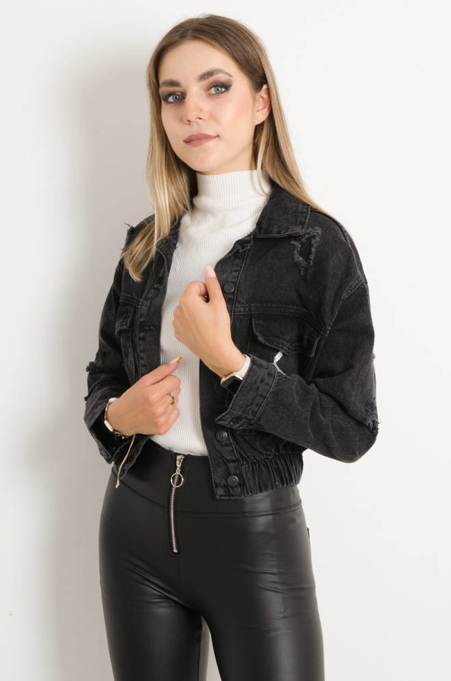KURTKA JEANSOWA Z GUMĄ I PRZETARCIAMI- CZARNA