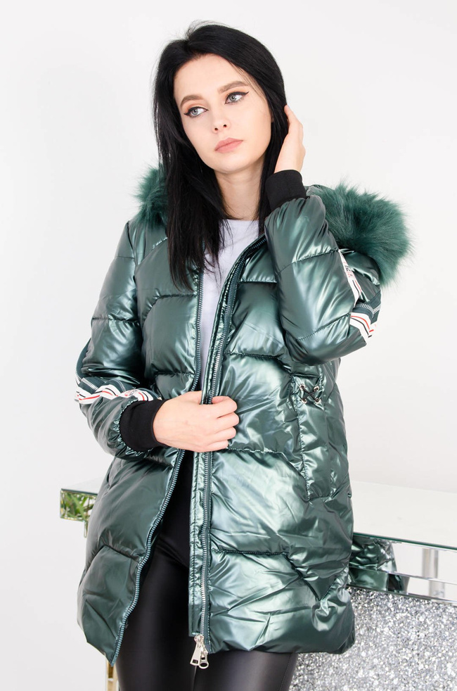 ZIELONA POŁYSKUJĄCA KURTKA Z LAMPASAMI 