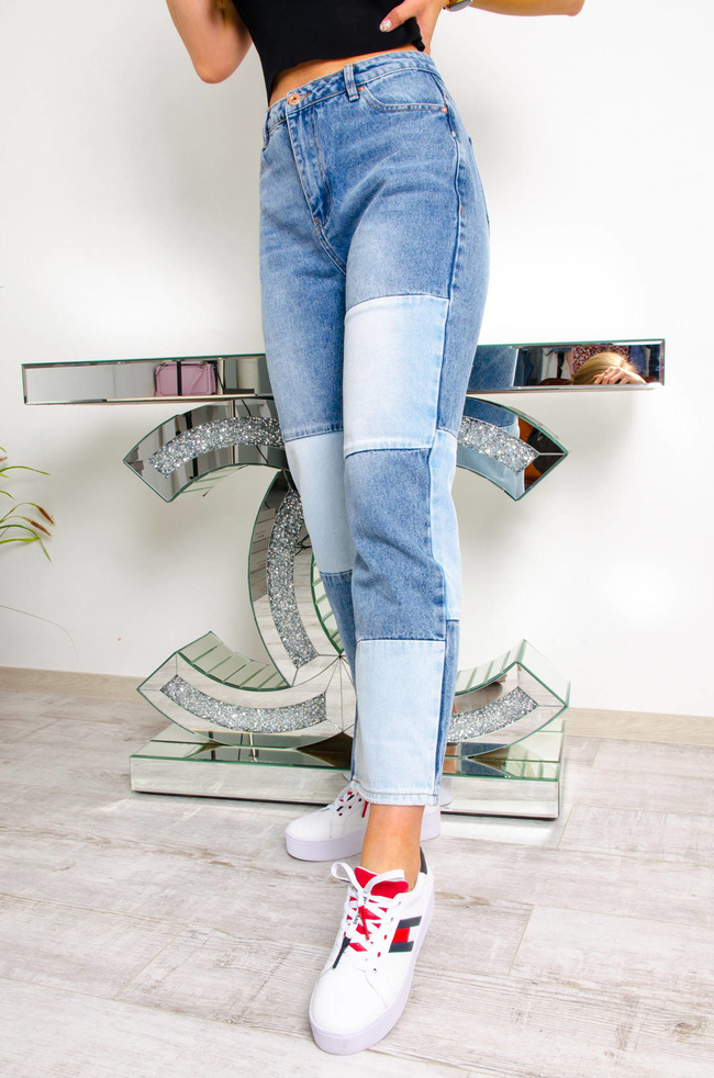 PATCHWORKOWE JEANSY TYPU STRAIGHT LEG-WYSOKI STAN