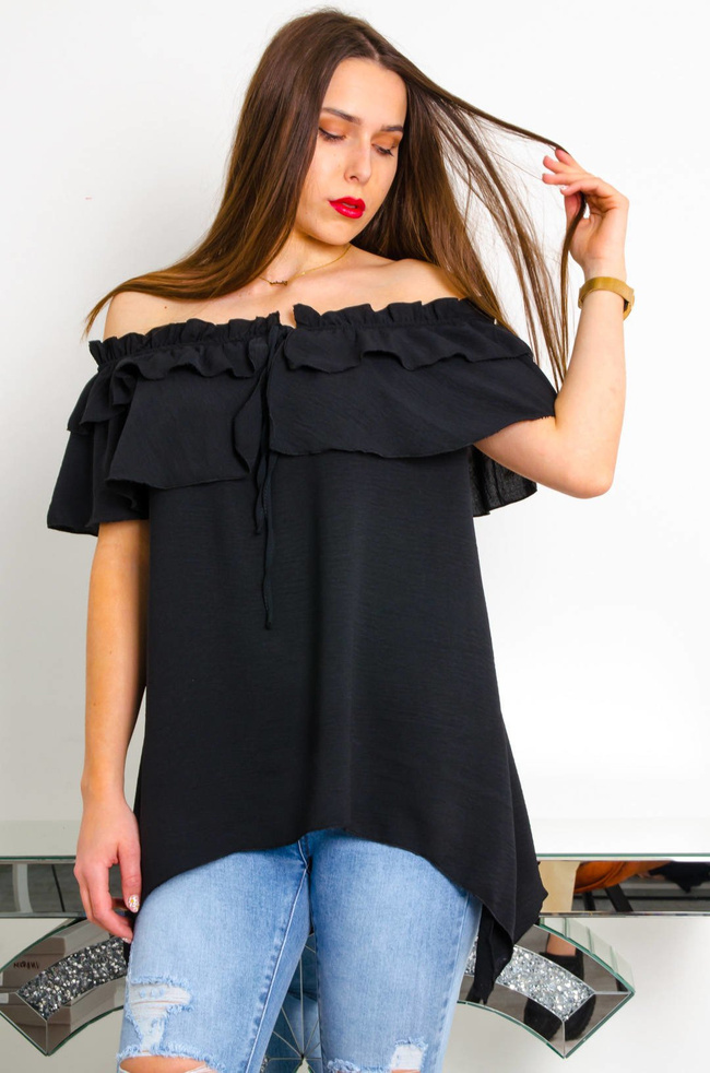 CZARNA BLUZKA Z FALBANĄ ORAZ DŁUŻSZYMI BOKAMI