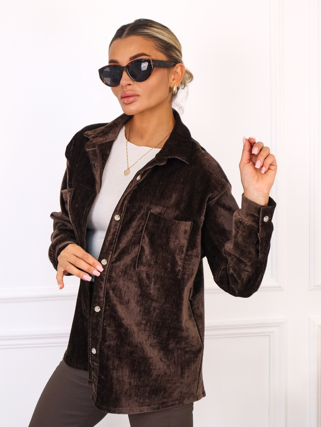 KOSZULA Z GRUBSZEGO WELURU Z KIESZENIAMI- CIEMNY BRĄZ