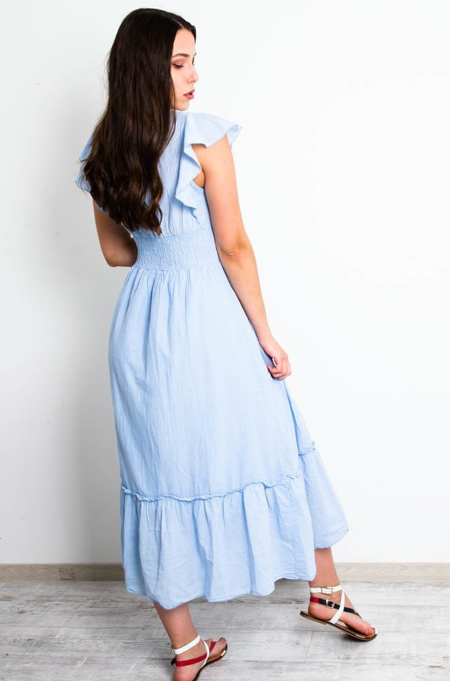 NIEBIESKA DŁUGA MUŚLINOWA SUKIENKA NA ZAKŁĄDKĘ