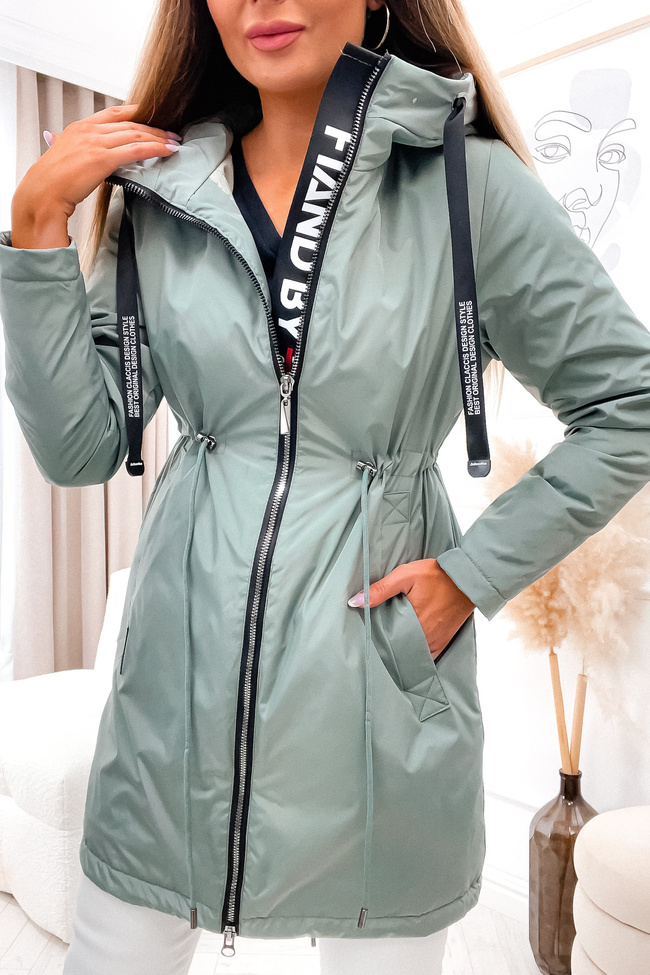 KURTKA PARKA Z KAPTUREM I ŚCIĄGACZEM W PASIE- ZIELONA