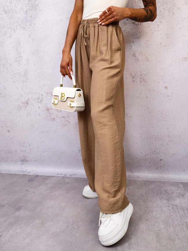 SPODNIE MATERIAŁOWE Z SZEROKIMI NOGAWKAMI- JASNOBRĄZOWE 