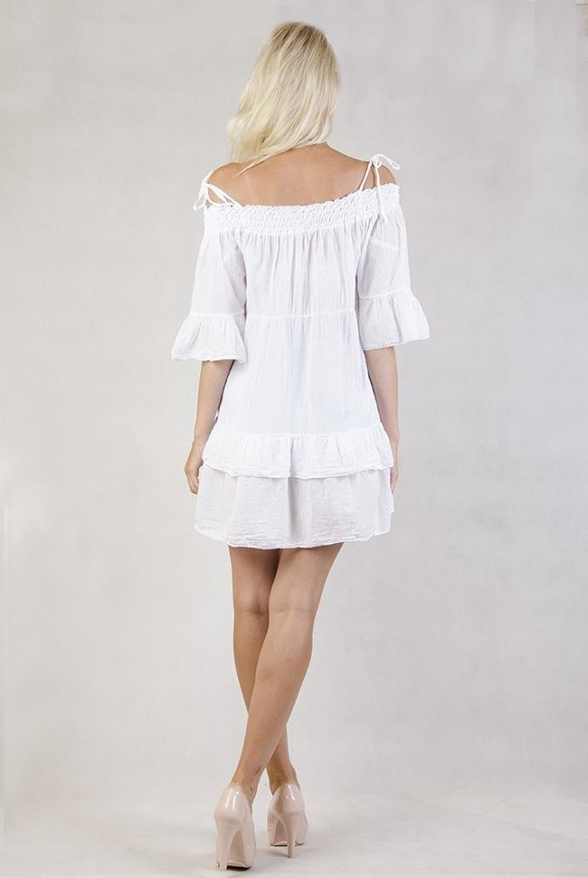 Biała tunika z falbanami i hiszpańskim dekoltem