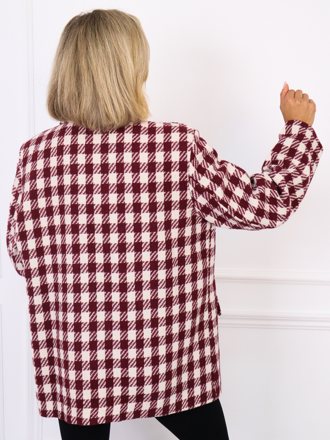 PŁASZCZ MARYNARKA W KRATKĘ ZAPINANY NA GUZIKI- BORDOWY