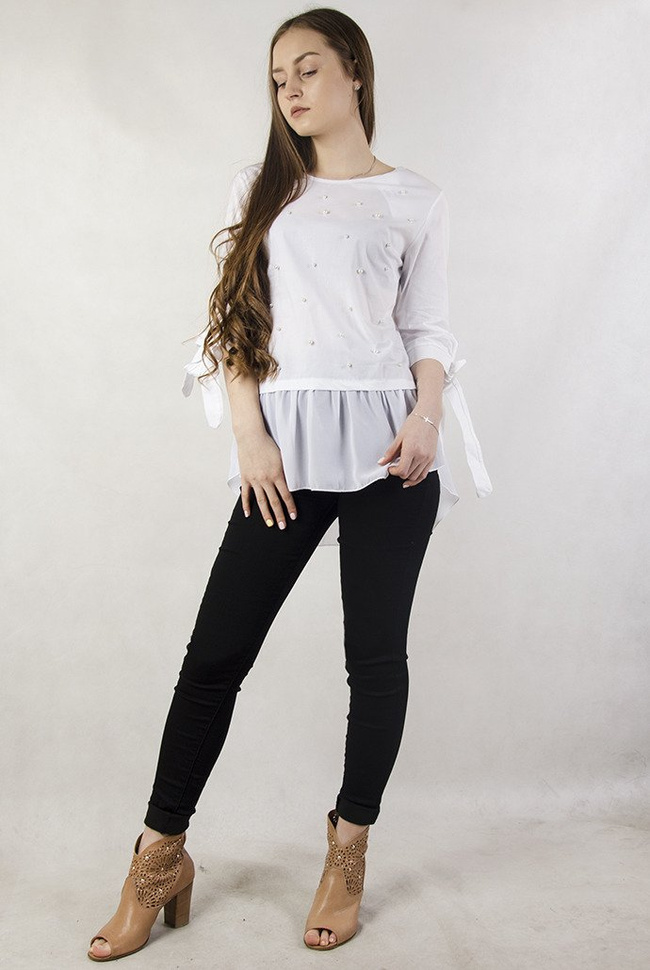Biała bluzka koszulowa z przedłużeniem z tiulu