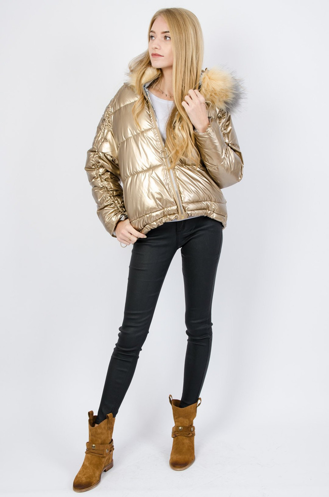 Złota metaliczna bomberka z dwukolorowym futerkiem