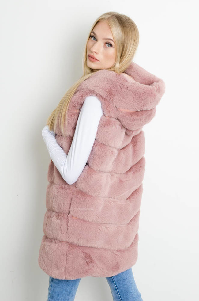 RÓŻOWA FUTRZANA KAMIZELKA Z KAPTUREM