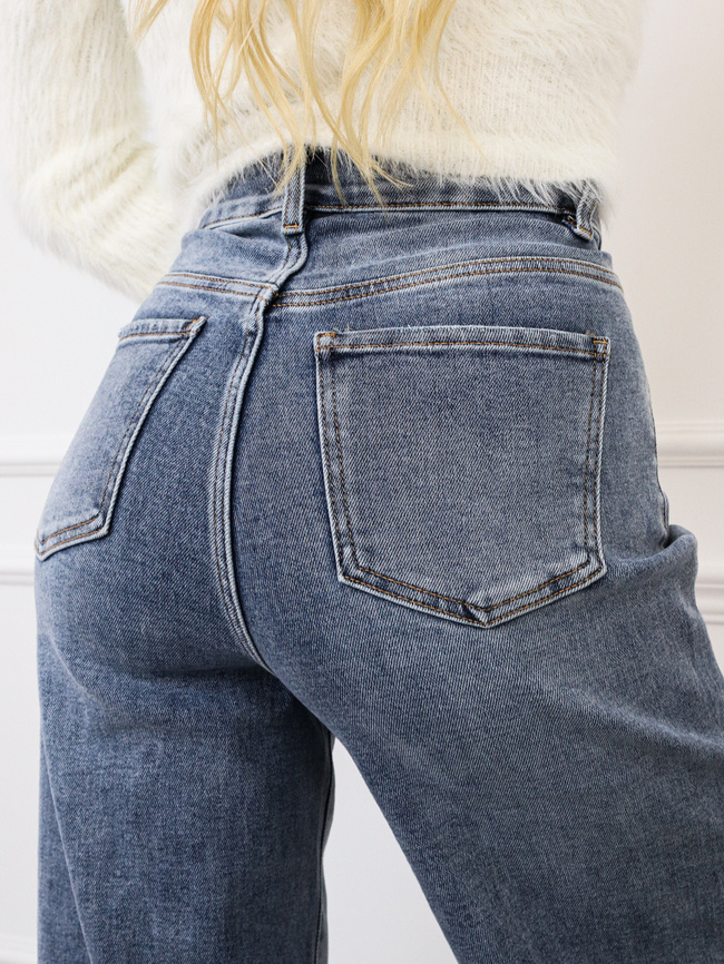 SPODNIE JEANSOWE Z SZEROKĄ NOGAWKĄ I WYSOKIM STANEM- CIEMNONIEBIESKIE