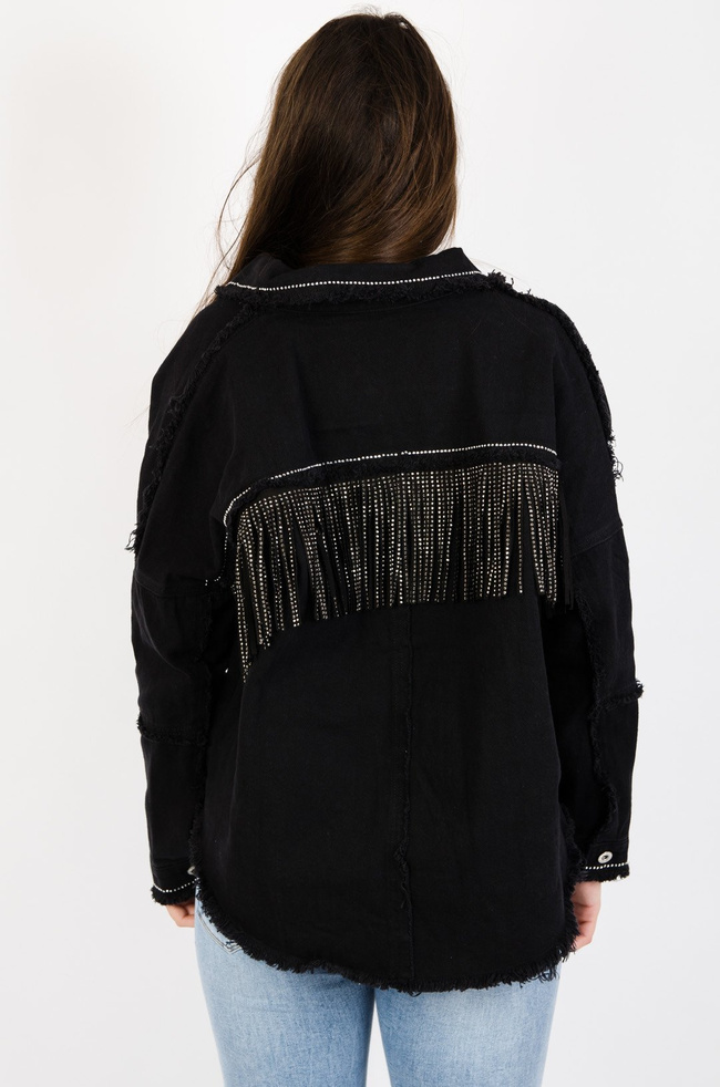CZARNA KURTKA JEANSOWA OVERSIZE Z FRĘDZLAMI 