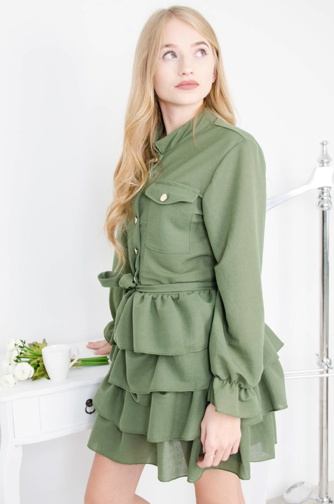 ZIELONA SUKIENKA KOSZULOWA Z FALBANAMI