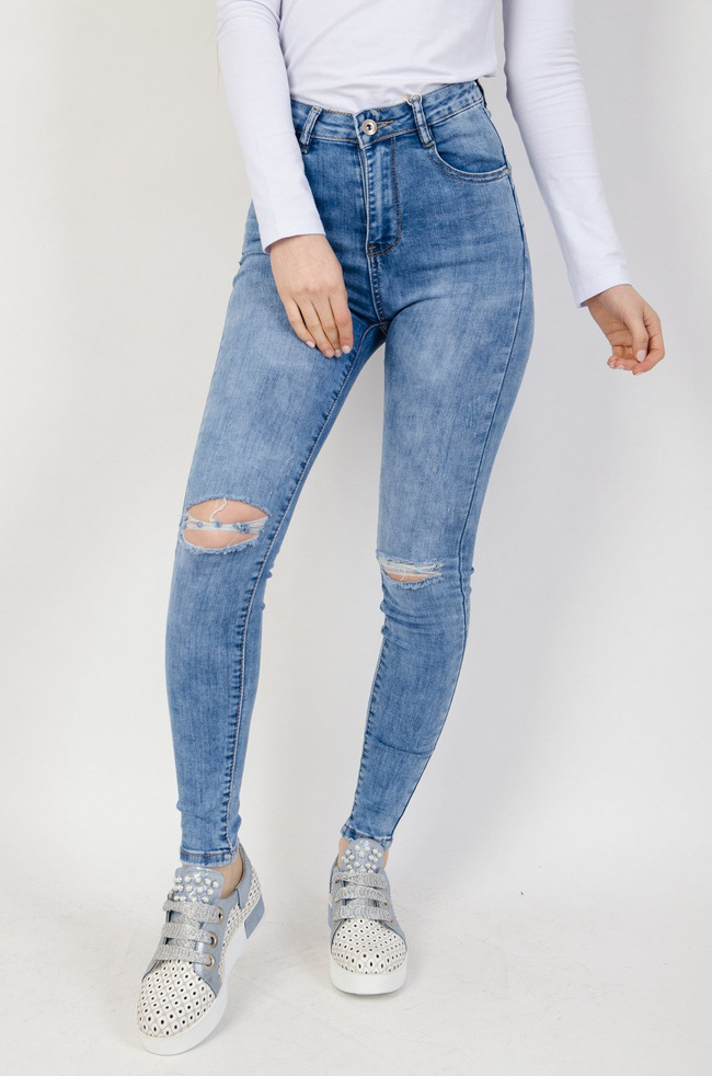 Jasne spodnie jeansowe z rozcięciami na kolanach typu Push-Up