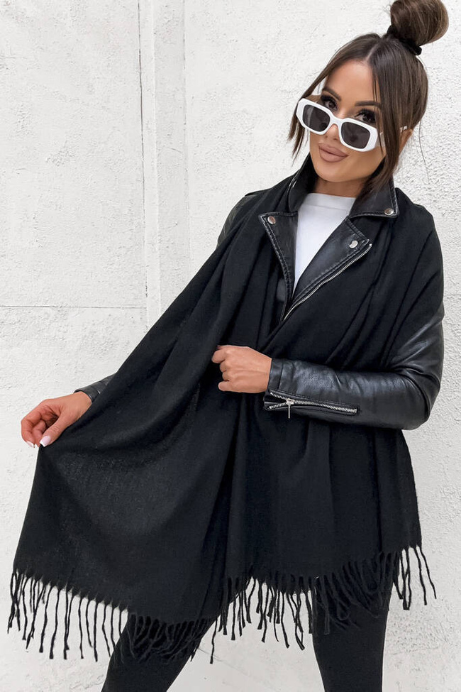 KLASYCZNY SZAL Z FRĘDZLAMI- CZARNY