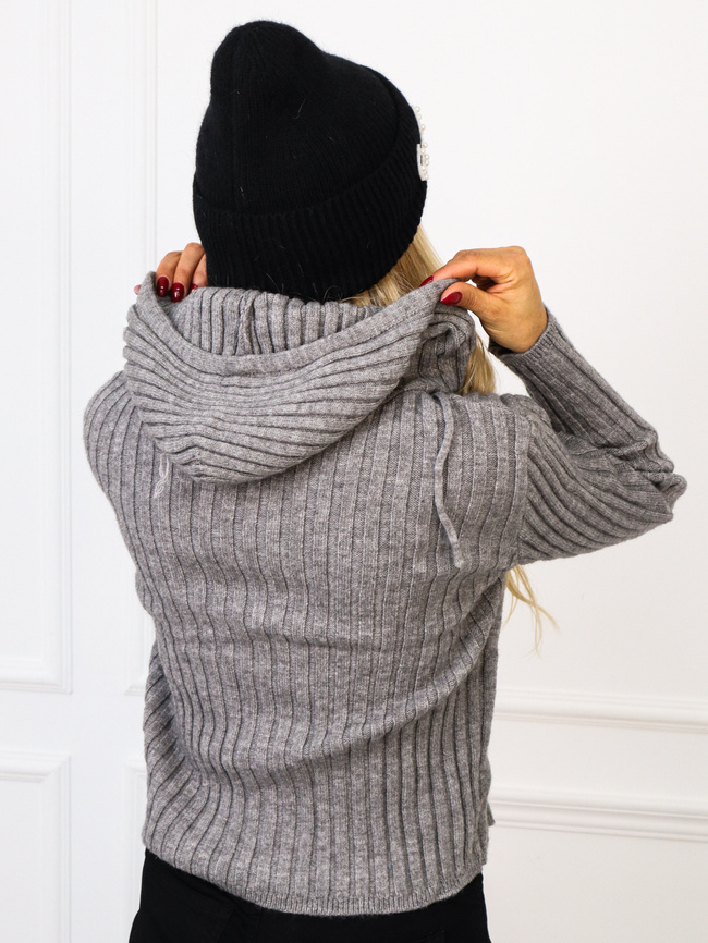 DZIANINOWA BLUZA W PRĄŻEK Z KAPUREM NA SUWAK- SZARA