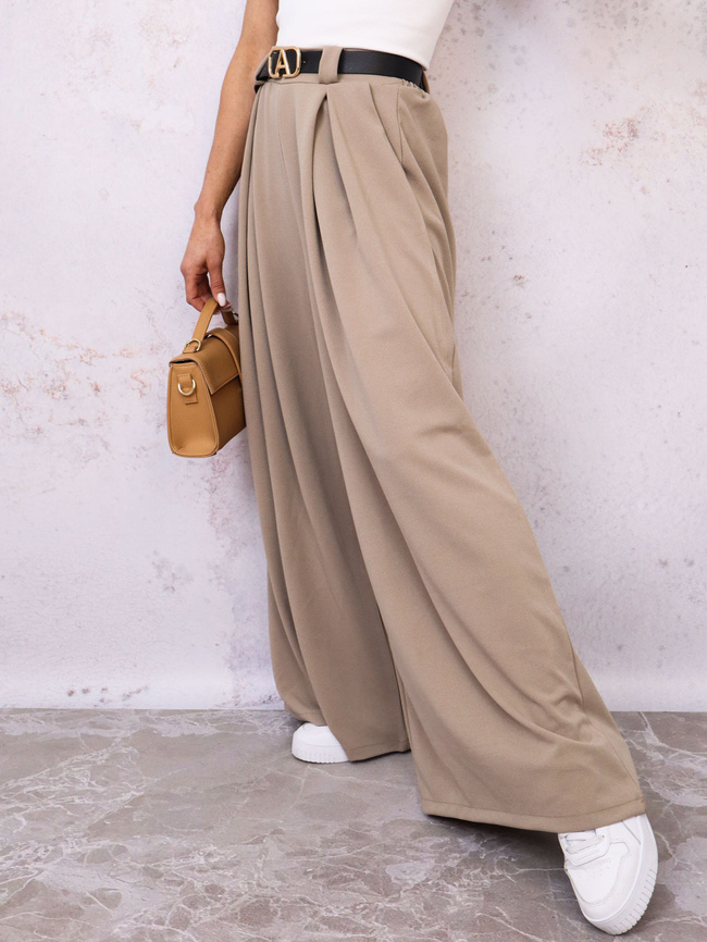 SPODNIE MATERIAŁOWE Z SZEROKIMI NOGAWKAMI+ PASEK- BEŻOWE