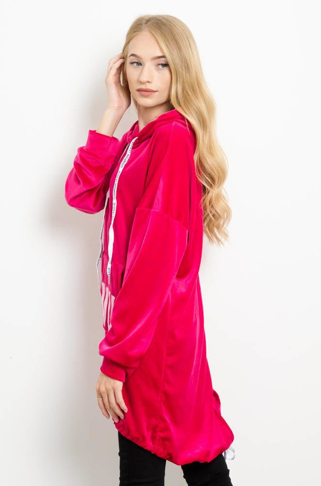 DŁUGA FUKSJOWA BLUZA Z WELURU,Z NAPISEM: LA..MU