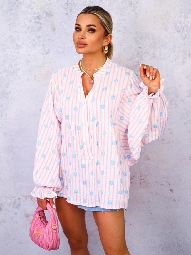 BLUZKA KOSZULOWA OVERSIZE W PASKI I KWIATY- RÓŻOWA