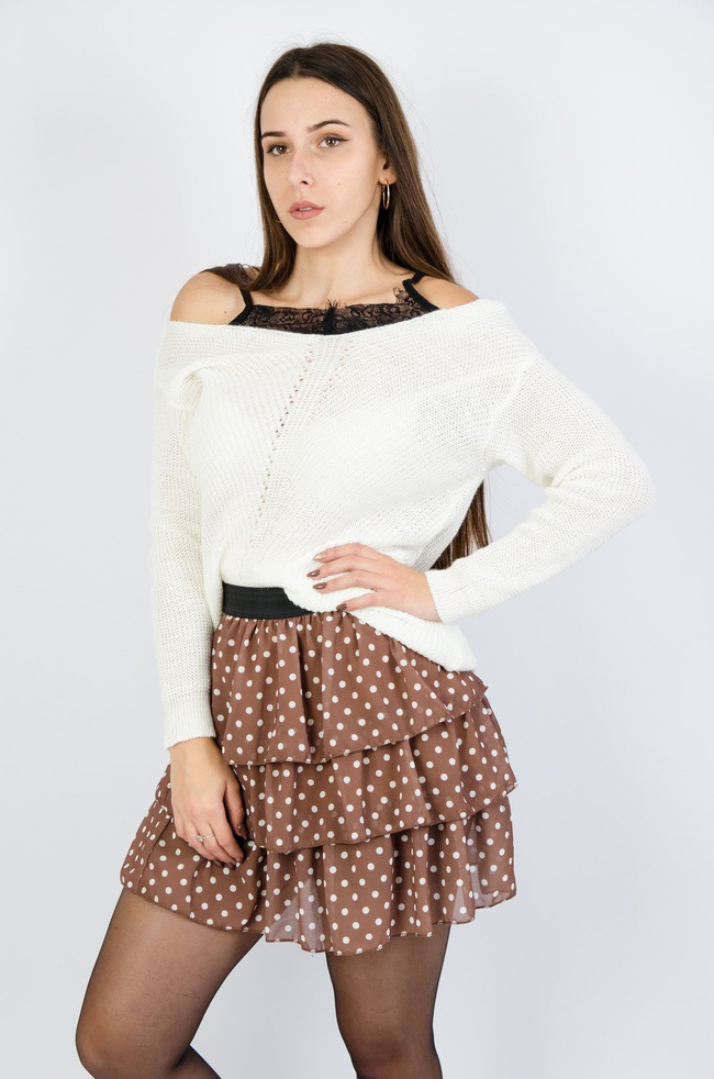 KREMOWY DŁUGI SWETER Z KORONKĄ